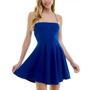 City Studios Women Juniors' Lace-Back Strappy Skater Dress Royal Blue 13/14